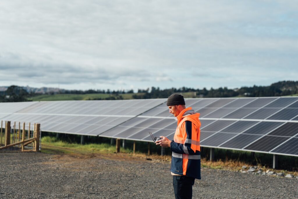 Eco Shine Solar drone pilot flying a thermal inspection at a New Zealand solar farm