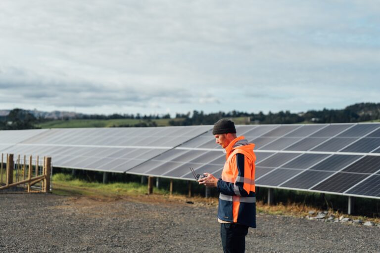 An Eco Shine Solar drone pilot inspecting a solar farm