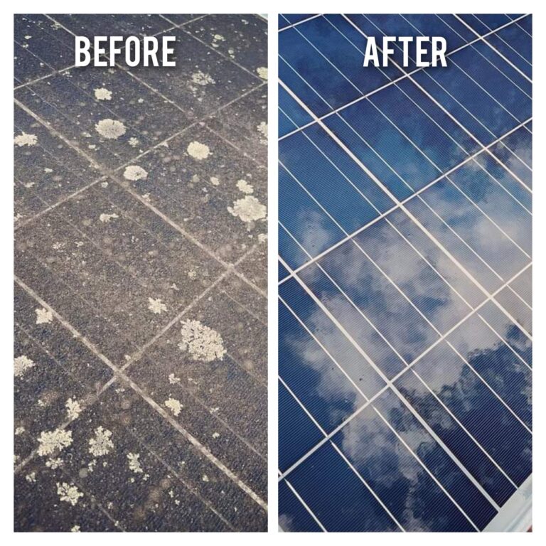Before and after comparison of a residential solar panel clean