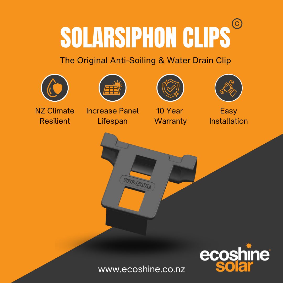 Solarsiphon anti-soiling water drain clips fitted to a solar panel